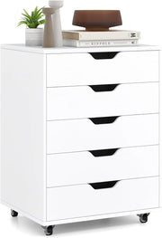 Cassettiera Ufficio con 5 Cassetti, Cassettiera Scrivania con Ruote Universali, Schedario Portadocumenti in Legno per Soggiorno, Camera da Letto, Studio, 49 x 42 x 66 cm (Bianco)