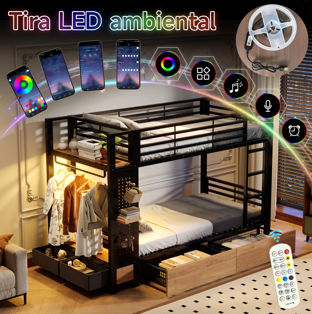 Letto a castello 90x200 cm in metallo e MDF con LED; area appendiabiti e contenitori nero