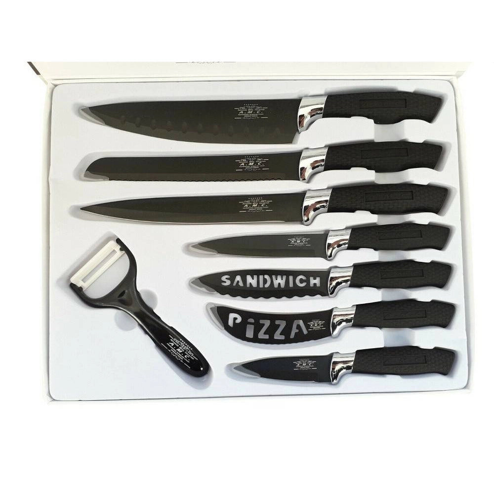 Trade Shop - Set 7 Coltelli Da Cucina In Acciaio Manico Antiscivolo Piu Pelapatate Black -