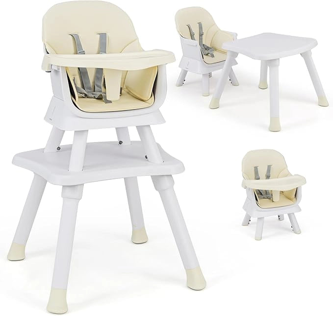 Seggiolone Pappa per Bambini 6 in 1, Seggiolone per Neonati Convertibile, Tavolo per Costruzioni per Bambini, con Imbracatura a 5 Punti, per Bambini da 6 Mesi fino 3 Anni (Beige+Bianco)