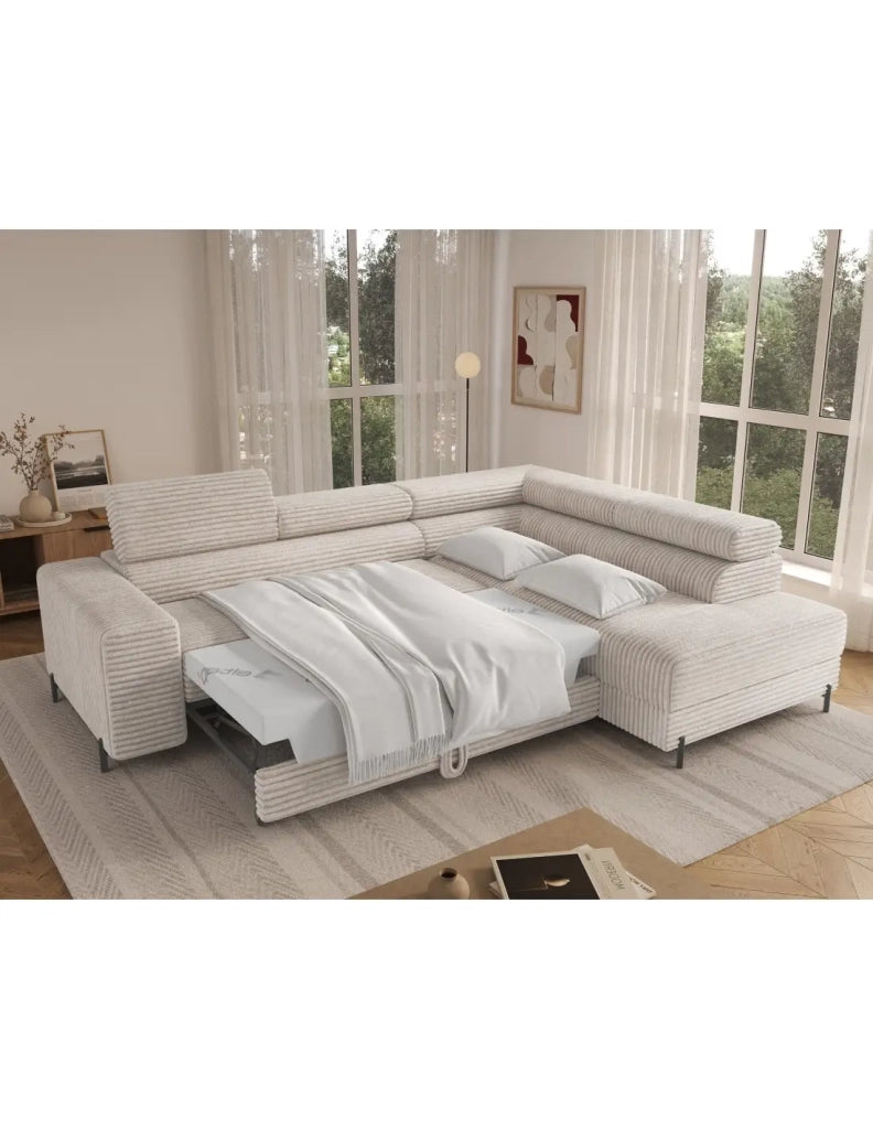 Divano ad angolo COLESIA convertibile 5 posti grigio velluto a coste – destro – 274x200cm