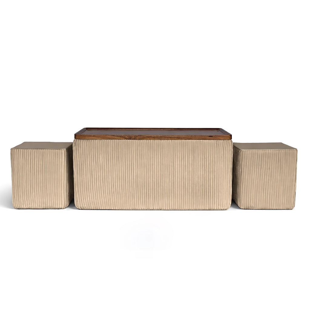 Set 3 Pouf Contenitore Quadrati con Tavolino Rettangolare da Salotto in Velluto e Coperchio in Legno, 2 Pouf Interni Salvaspazio, Tavolino Contenitore Moderno,Poggiapiedi, Seduta Imbottita Crema