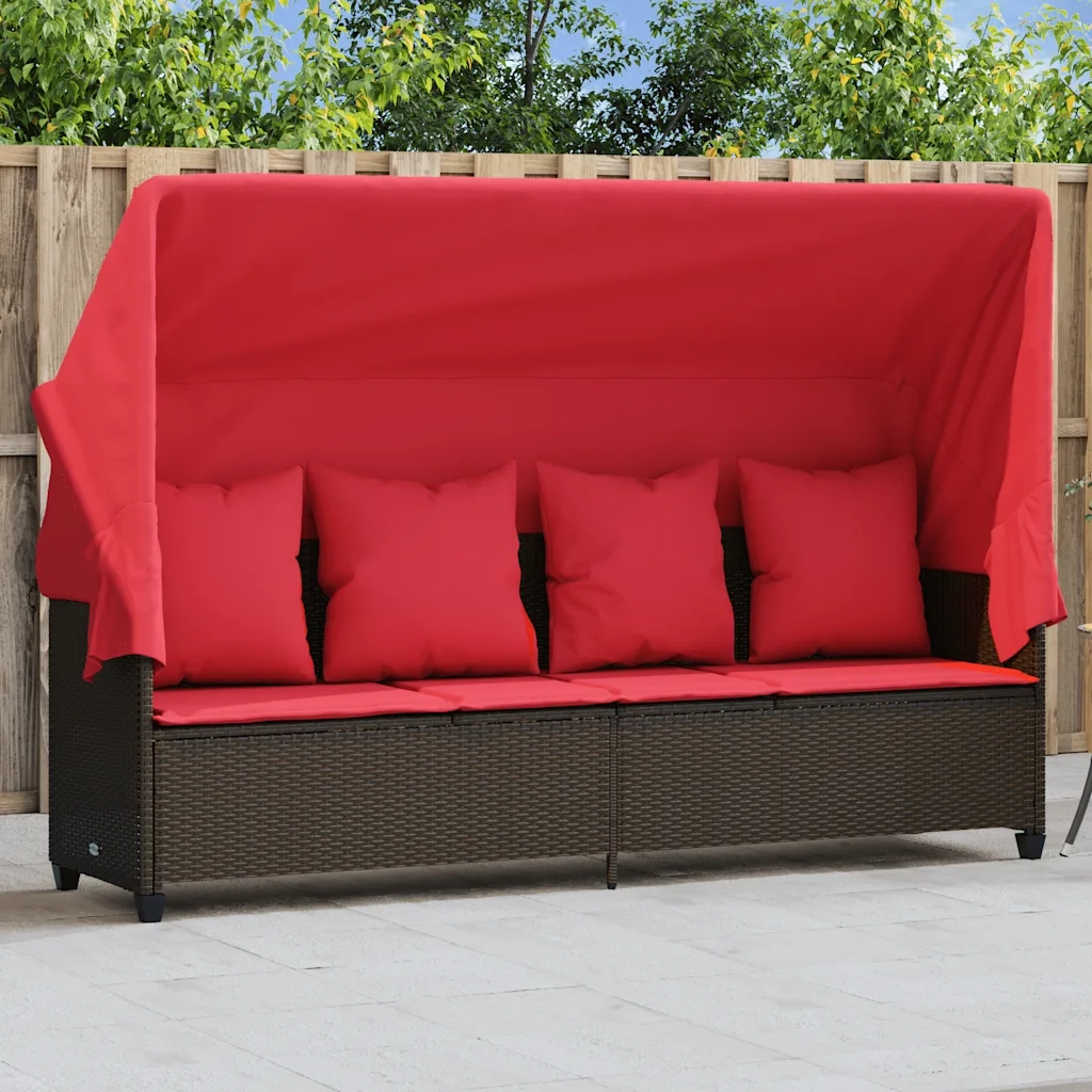 Lettino Prendisole con Baldacchino e Cuscini Marrone Polyrattan 368359