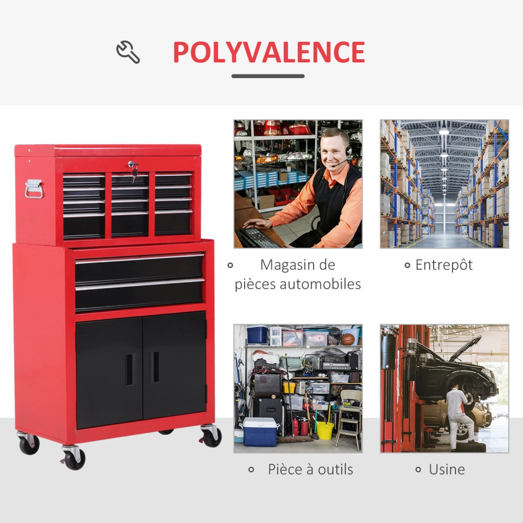 Carrello per attrezzi con cassettiera e cassone mobile ¨C Zephmum ¨C Acciaio rosso e nero