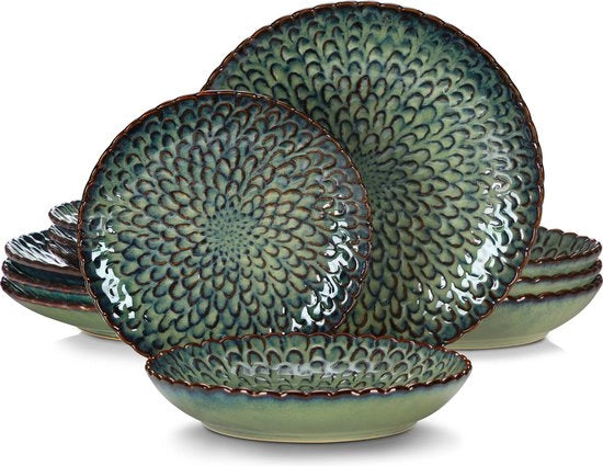 Servizio da Tavola per 4 Persone - Porcella - 12 Pezzi - Set da Pranzo 4 Persone - Set da Pranzo 12 Pezzi - Verde