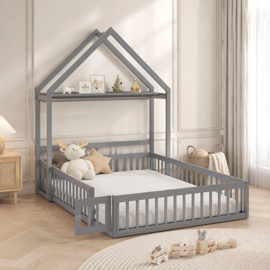Letto per bambini a pavimento 140x200 cm grigio in legno massiccio di pino con sponda e spazio contenitore