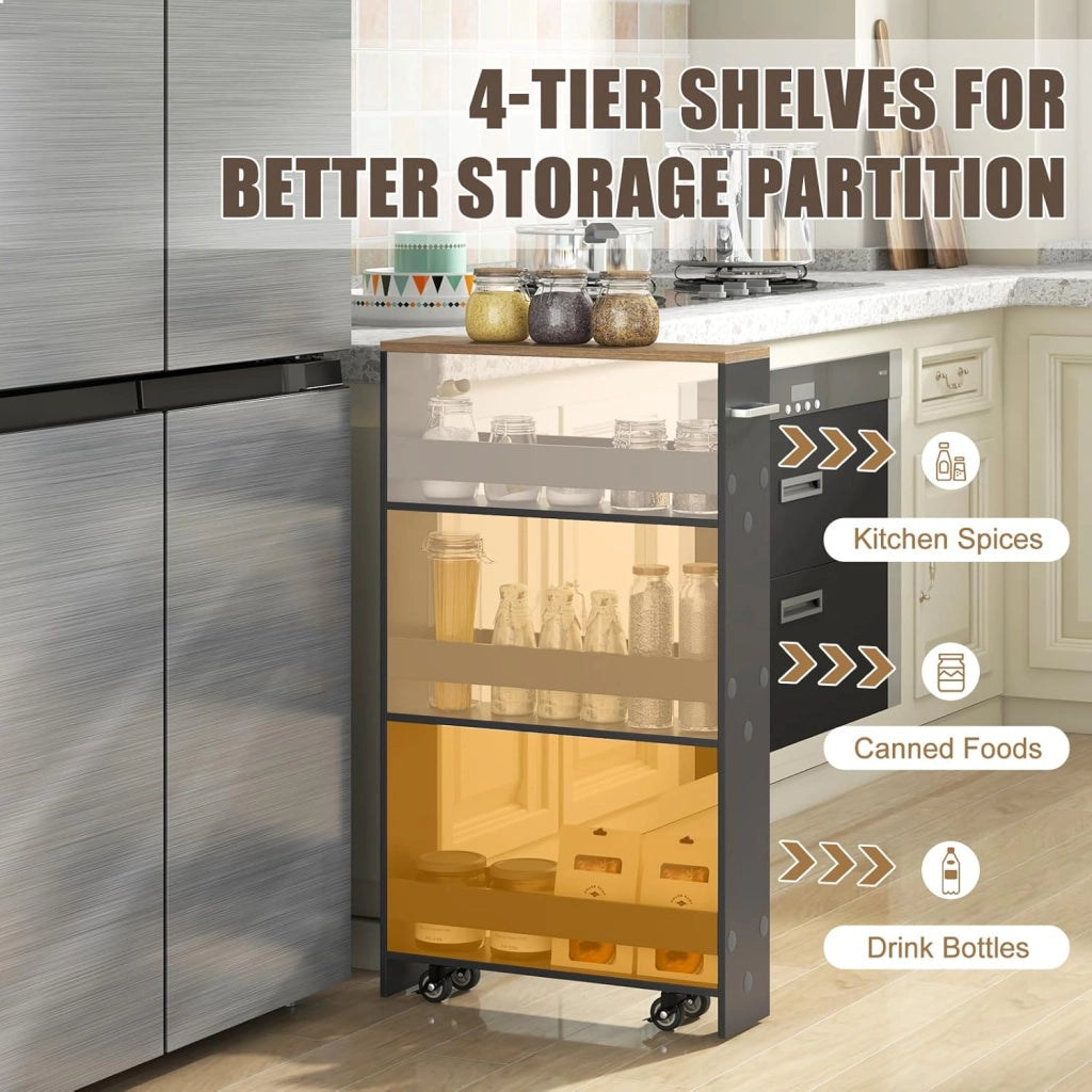 Carrello per Nicchia con Ruote, 4 Livelli，Carrello di Servizio Stretto Salvaspazio, da Bagno, Scaffale da Cucina Sottile 47,5 x 13 x 80,5 cm (Naturale+Grigio, Largo 13 cm)