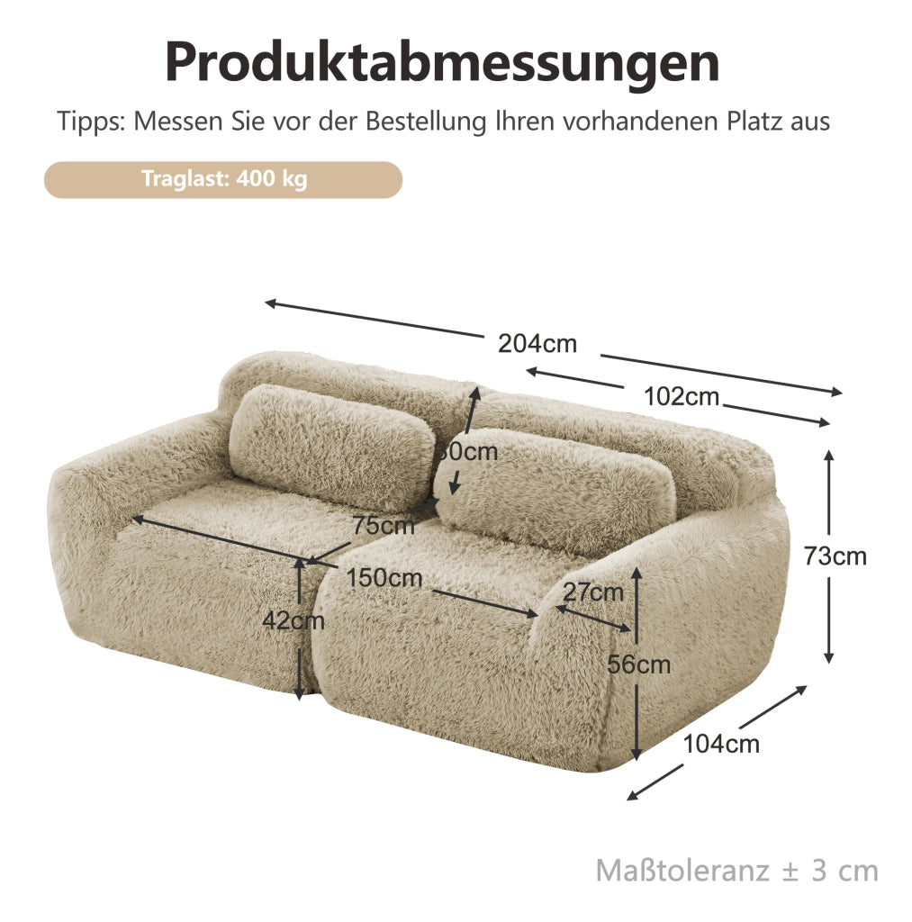 Divano modulare senza struttura 204x104x73 cm in tessuto plush; base antiscivolo; kaki chiaro