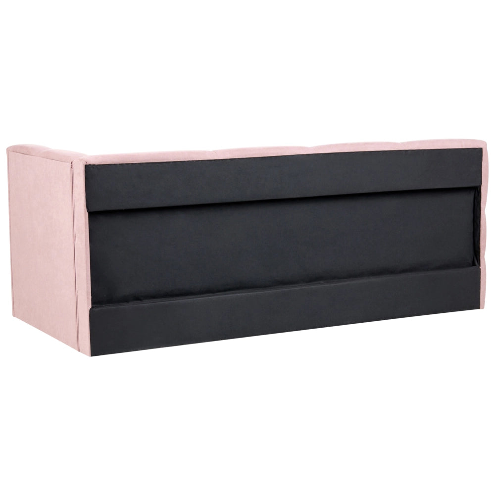 Divano letto imbottita in tessuto rosa lato destro 90x200 cm con pouf contenitore a forma di L
