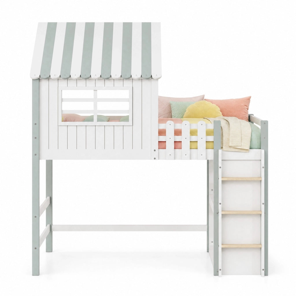 Letto per bambini a casetta 90x200 cm con scala di sicurezza e rete a doghe; legno massello verde