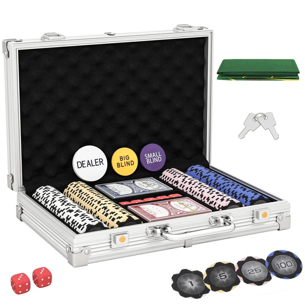 Set di Poker in Valigetta con Dadi, Pulsante Dealer e 2 Mazzi di Carte ¨C zephmum ¨C Argento
