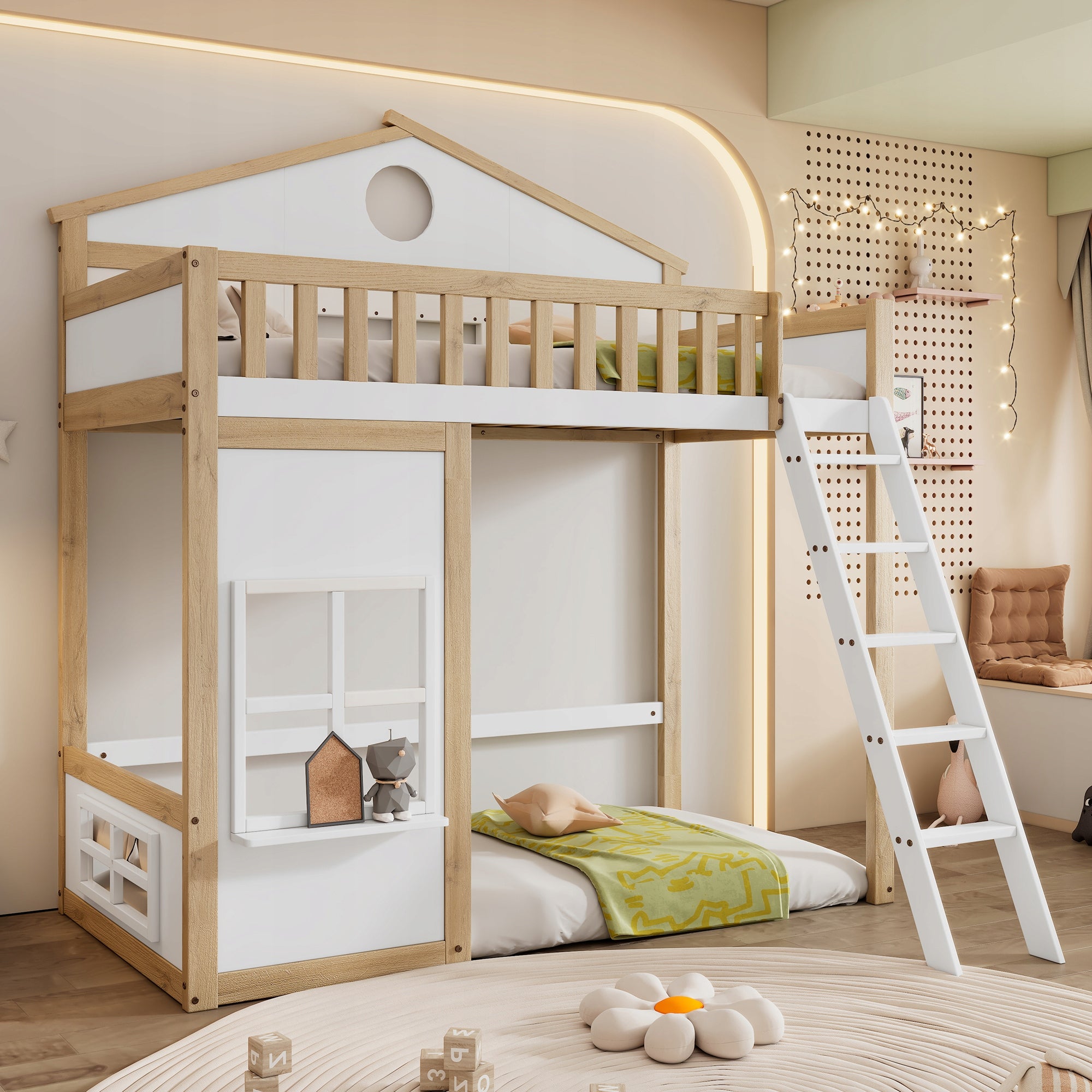 Letto a castello con tetto - Xylo - 90x200 - Bianco+Legno