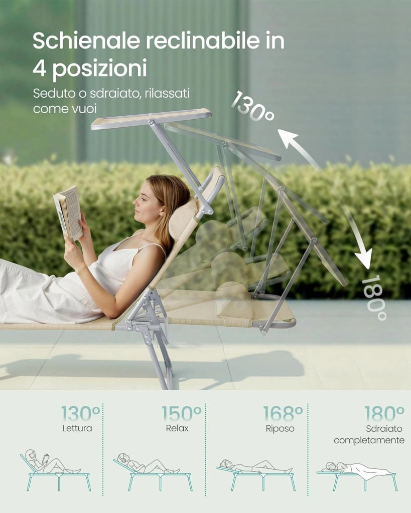 SONGMICS Set da 2 Sedie a Sdraio Pieghevoli, 189 x 53 x 28,5 cm, con Cusicni, Lettini Prendisole, Portata 110 kg Ciascuno, Parasole e Schienale Regolabili, per Terrazza e Balcone, Beige GCB292WZ02
