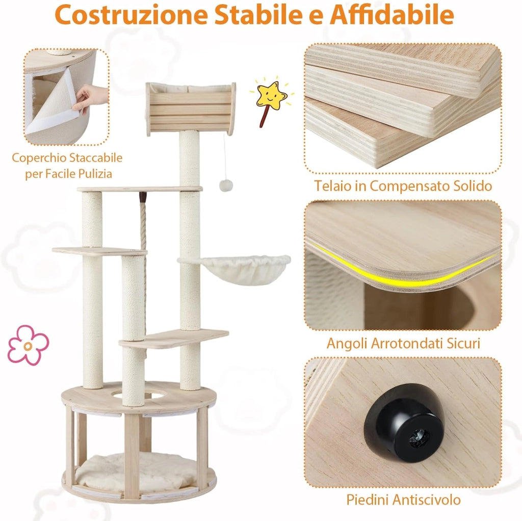 Albero per Gatti Alto 141 cm, Tiragraffi per Gatti in Plywood con Condo, Posatoio Curvo, Amaca, Tiragraffi, Pallina e Corda Appesi e Cuscini in Pile Lavabili, 55 x 55 x 141 cm