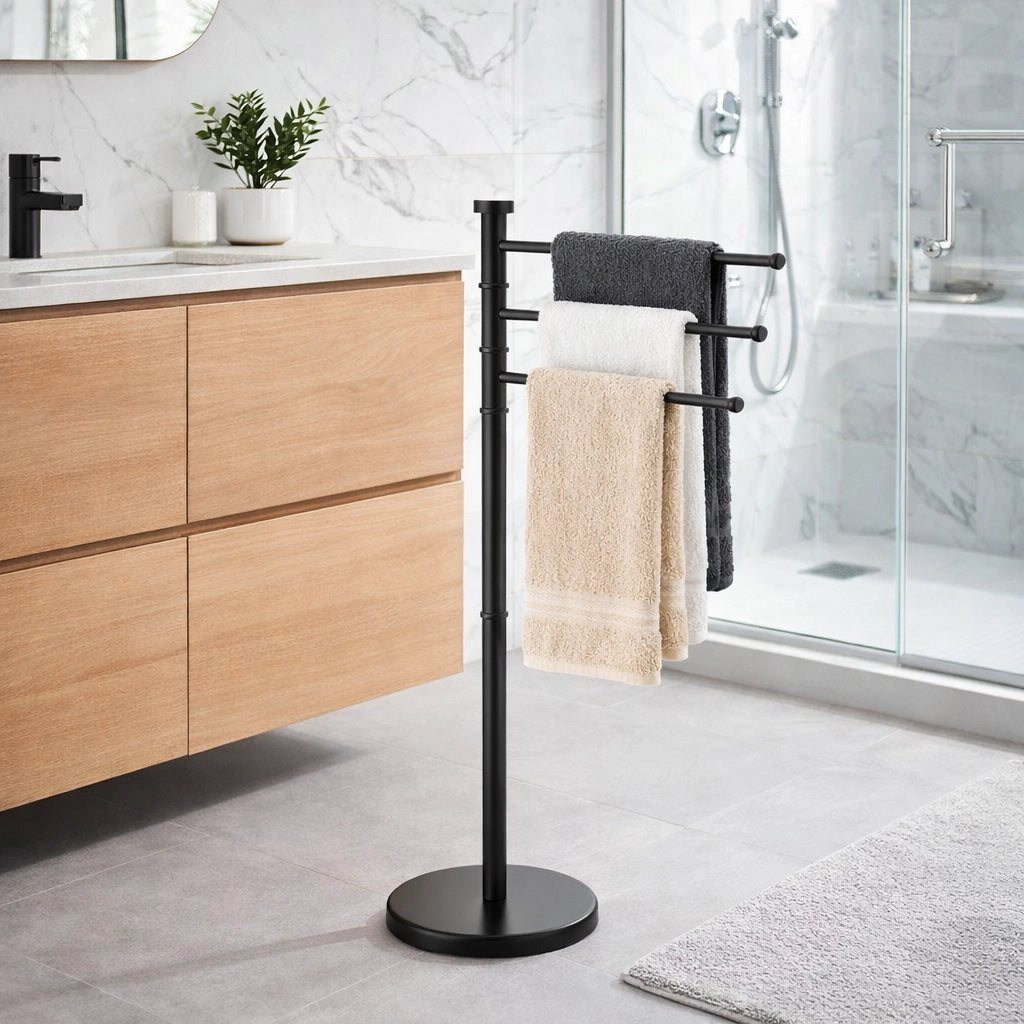 Piantana da Bagno Porta Asciugamani in Acciaio Inox Smaltato Nero 3 Braccia Girevoli