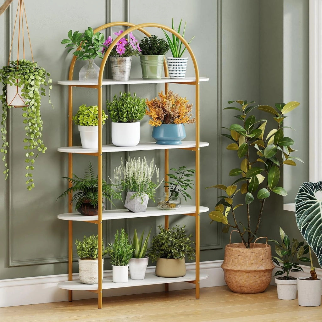 Libreria a Forma di Arco a 4 Ripiani, Scaffale Portaoggetti Aperta con Struttura Metallica, Organizer Espositivo Autoportante per Soggiorno, Ufficio e Camera da Letto, 95x34x156cm (Bianco)