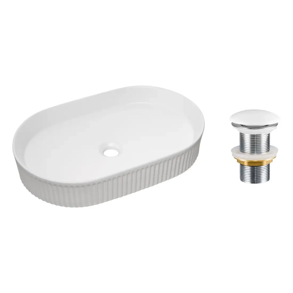 Lavabo ovale da appoggio 56x36 cm bianco lucido in ceramica con piletta click-clack