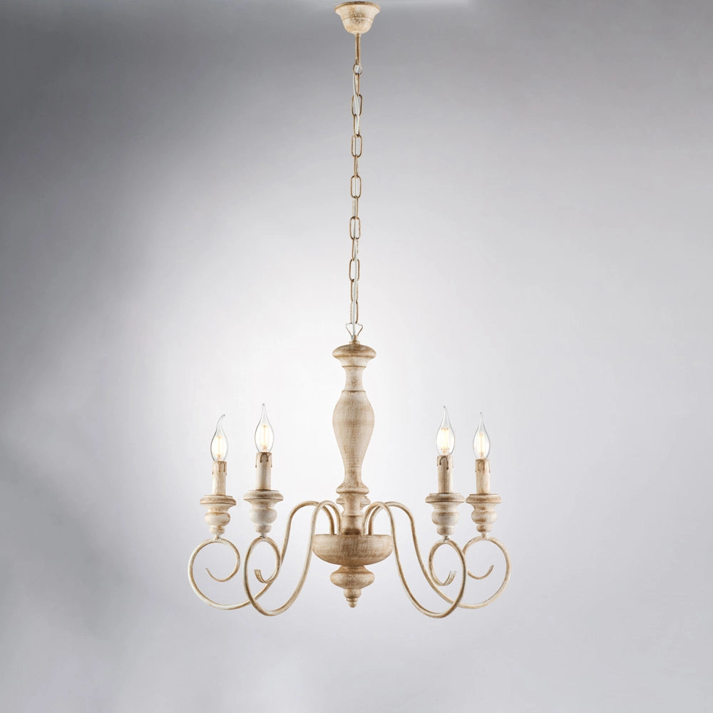 Cascina Lampadario in legno e ferro bianco e tortora 5 luci 115 Ø60 BL265-5-BT