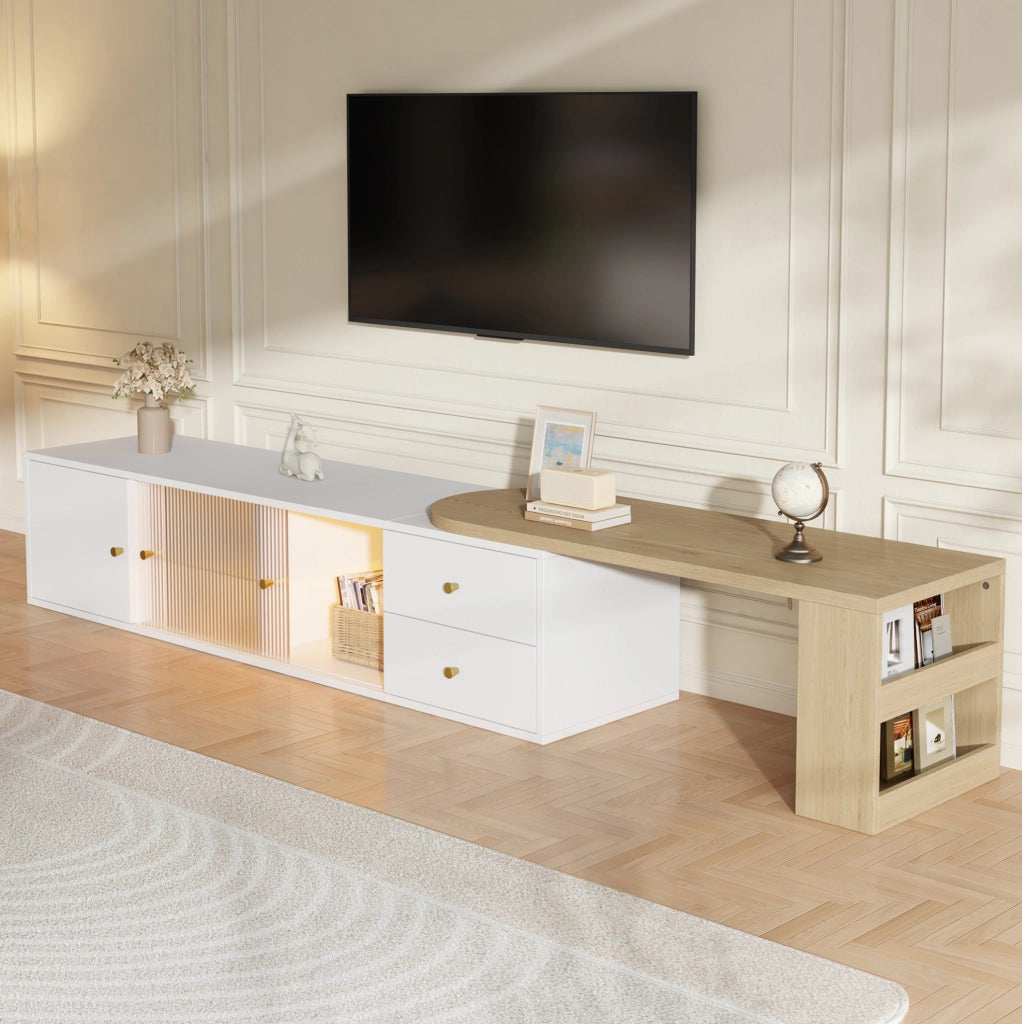 Mobile TV allungabile con LED RGB, vetro rigato e ripiano laterale, bianco e naturale