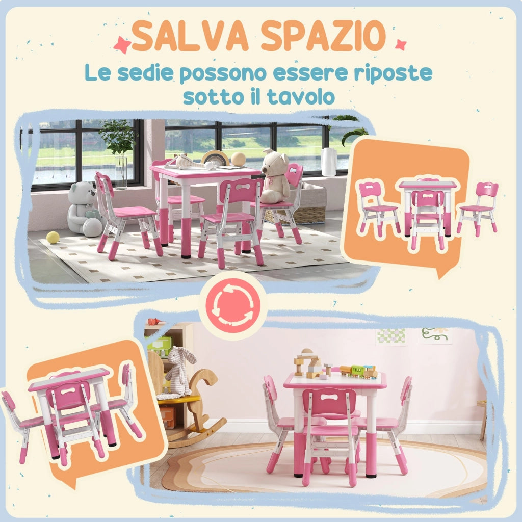 Set Tavolo con 4 Sedie per Bambini Altezza Regolabile Rosa