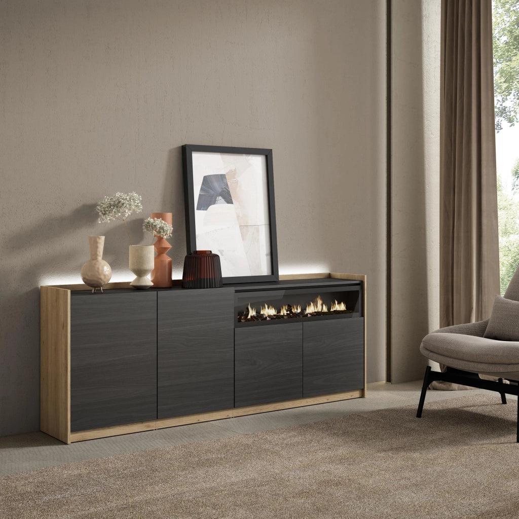 Credenza, Mobile, Cucina, 207x80x37 cm, 4 Porte, Camino elettrico, LED, Nero e rovere