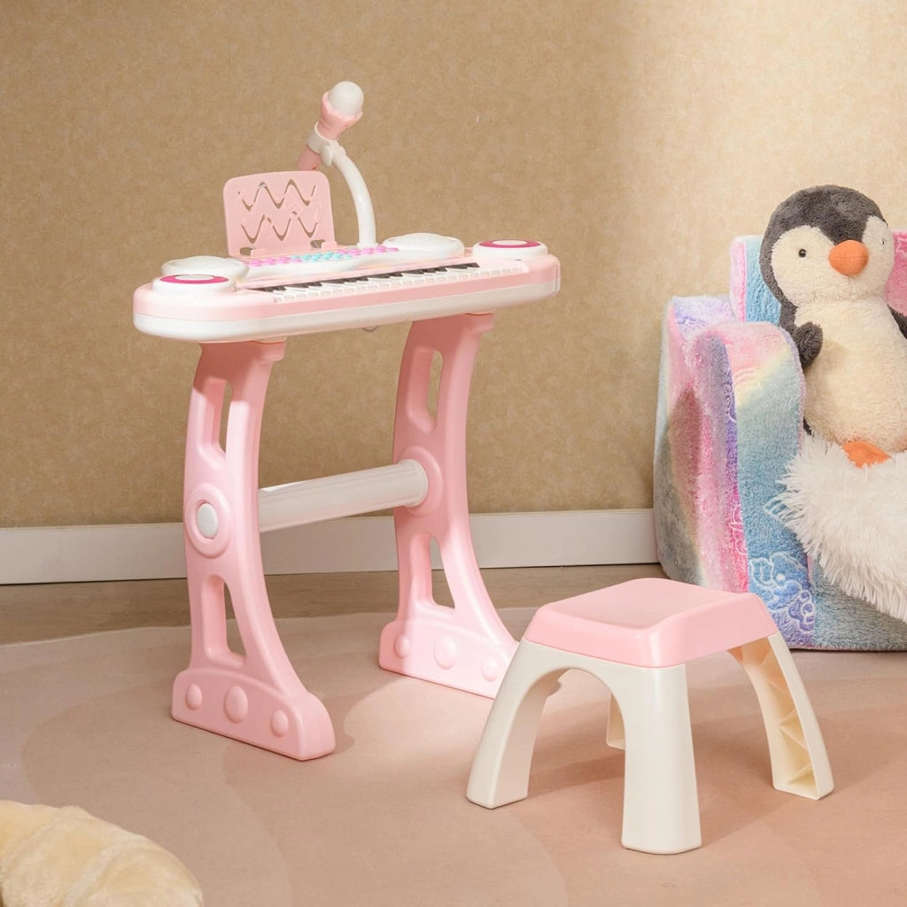 Pianoforte per Bambini con 37 Tasti, Pianola per Bambina con Effetti Luminosi e Microfono Regolabile, Tastiera Musicale Bambini con Sgabello, 8 Ritmi/Suoni per Bambini 3+ Anni (Rosa)