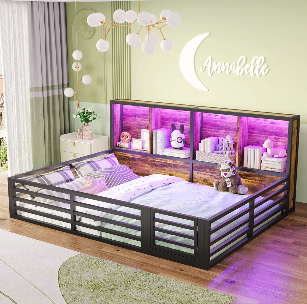 Letto a piattaforma 140x200 cm con LED e vani laterali