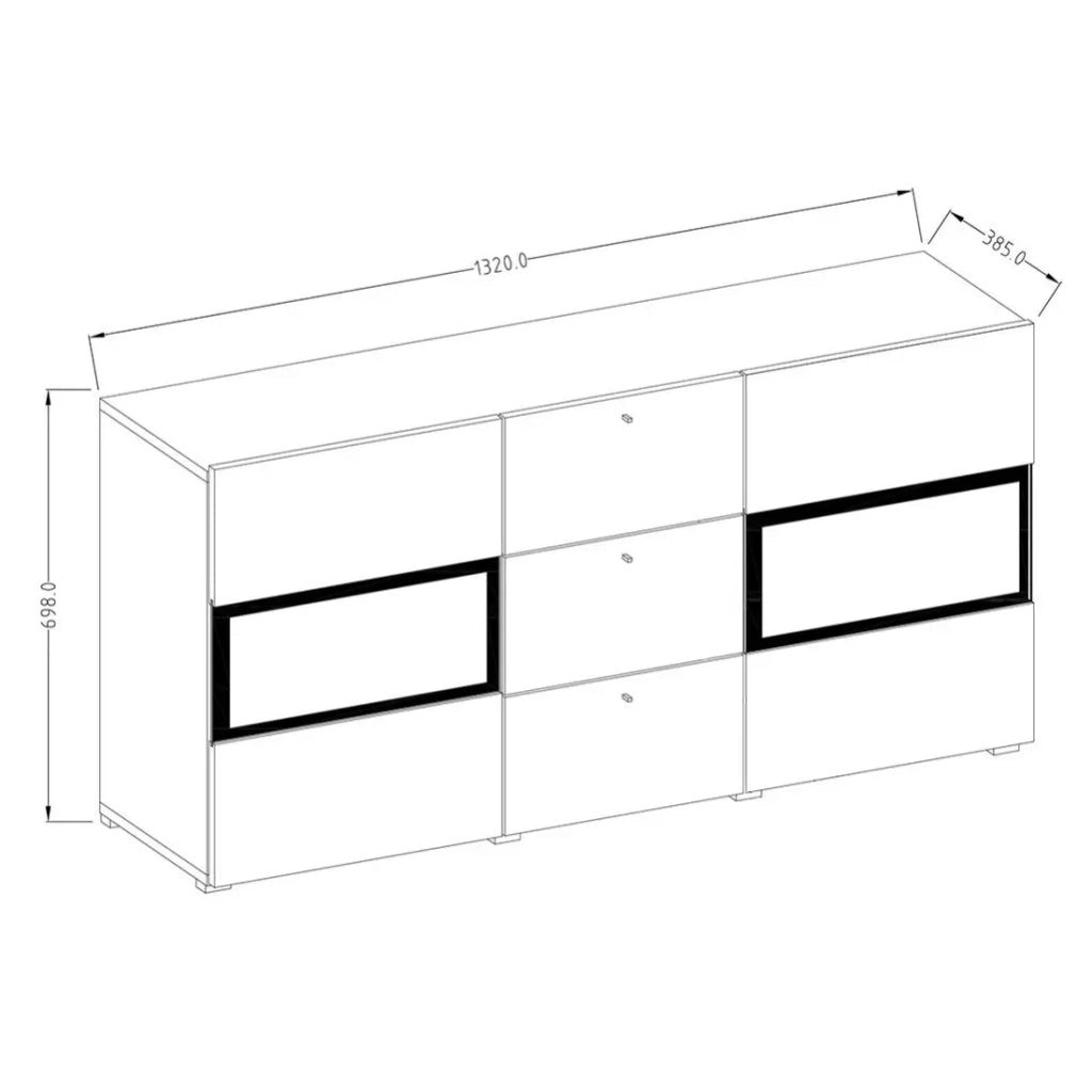 Buffet RAMOS 130 cm – Rovere e nero opaco super – LED multicolore integrate – 2 porte in vetro + 3 cassetti