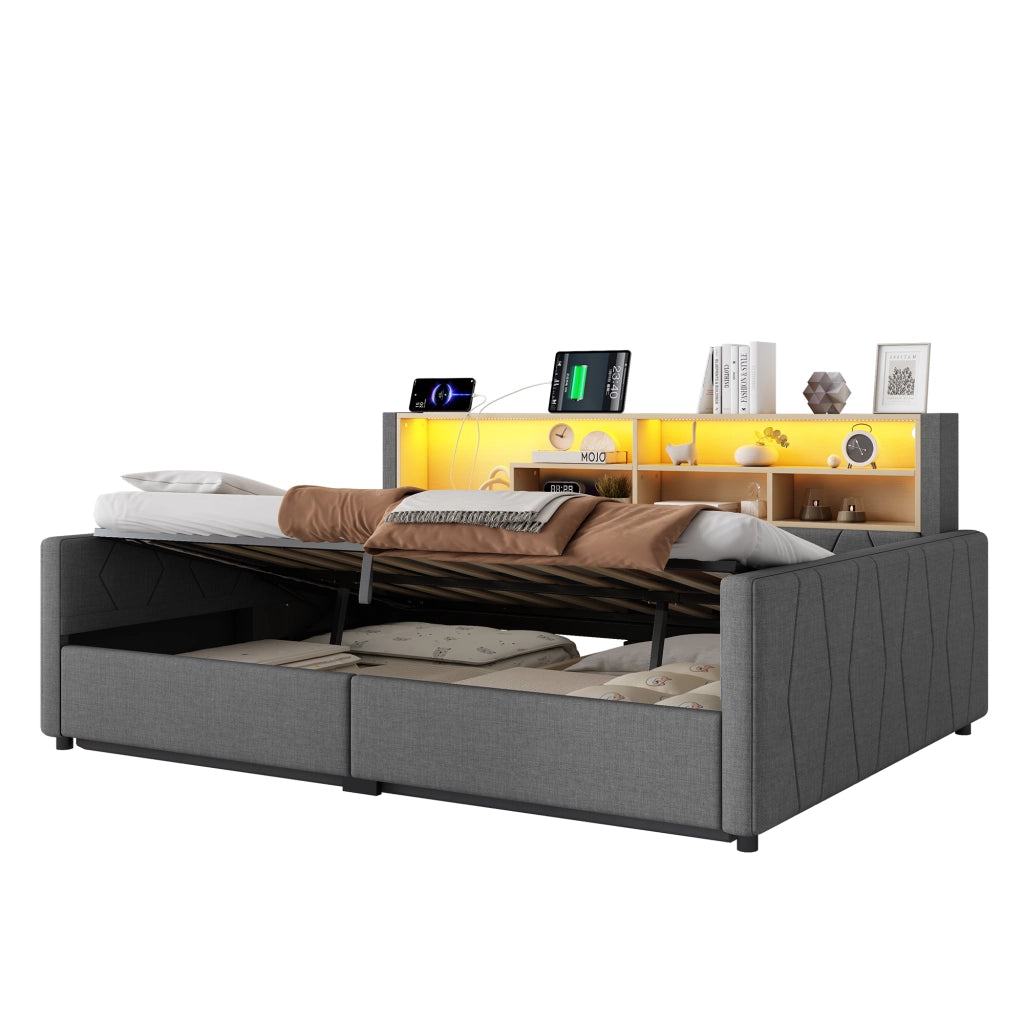 Letto contenitore 140x200 in lino grigio con luce LED regolabile