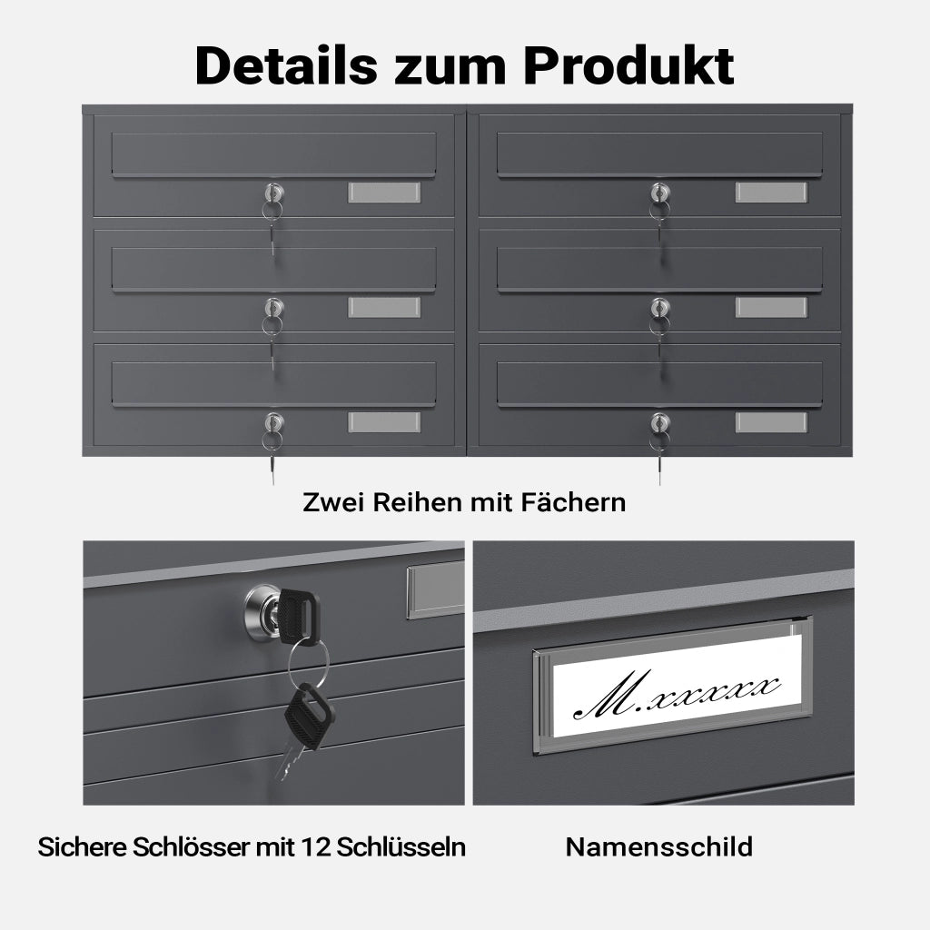 Cassetta postale condominiale autoportante, 6 posti, antracite, 945 x 270 x 1200 mm, 2 moduli