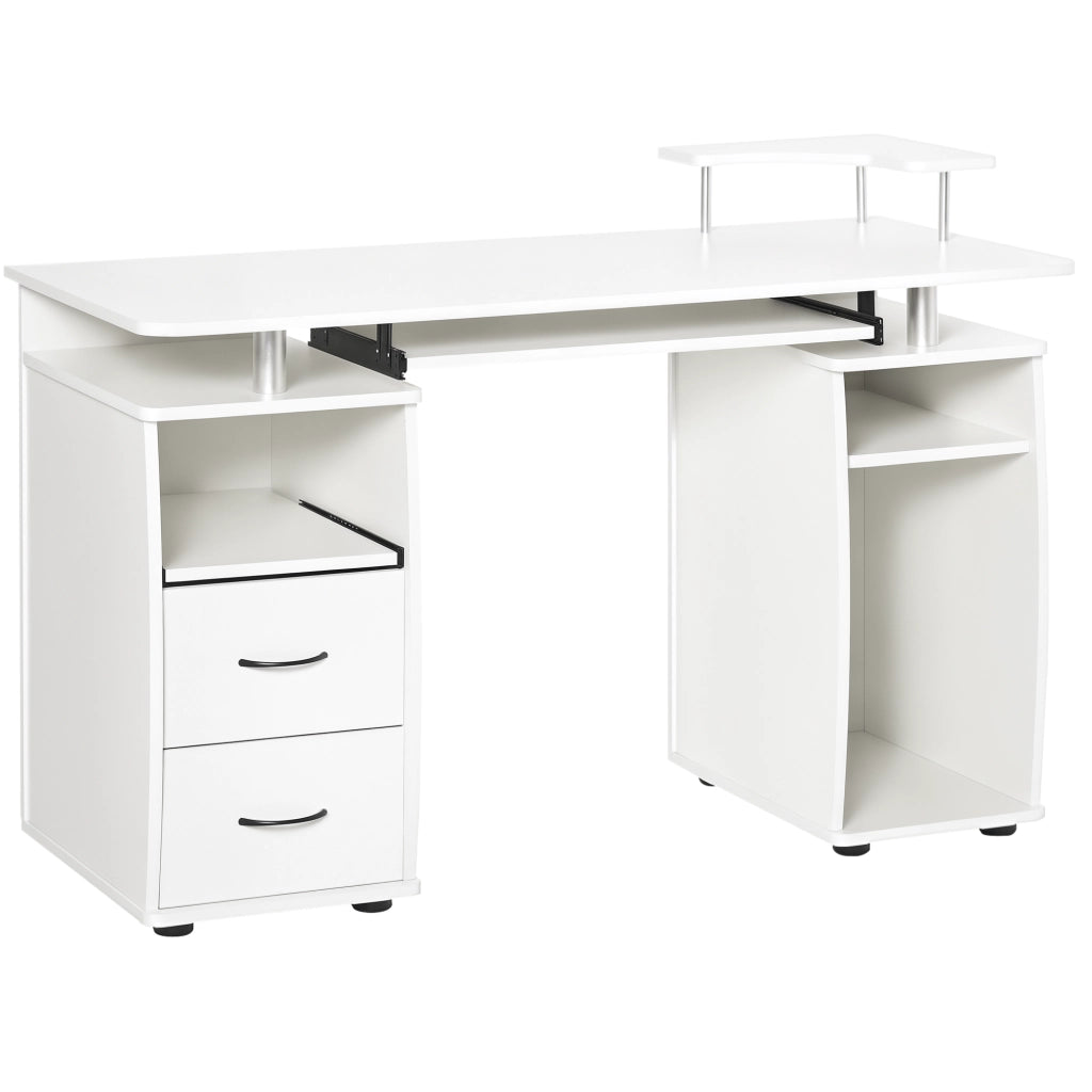 Scrivania per PC con Ripiano per Tastiera e per Monitor e 2 Cassetti, 120x55x85 cm, Bianca