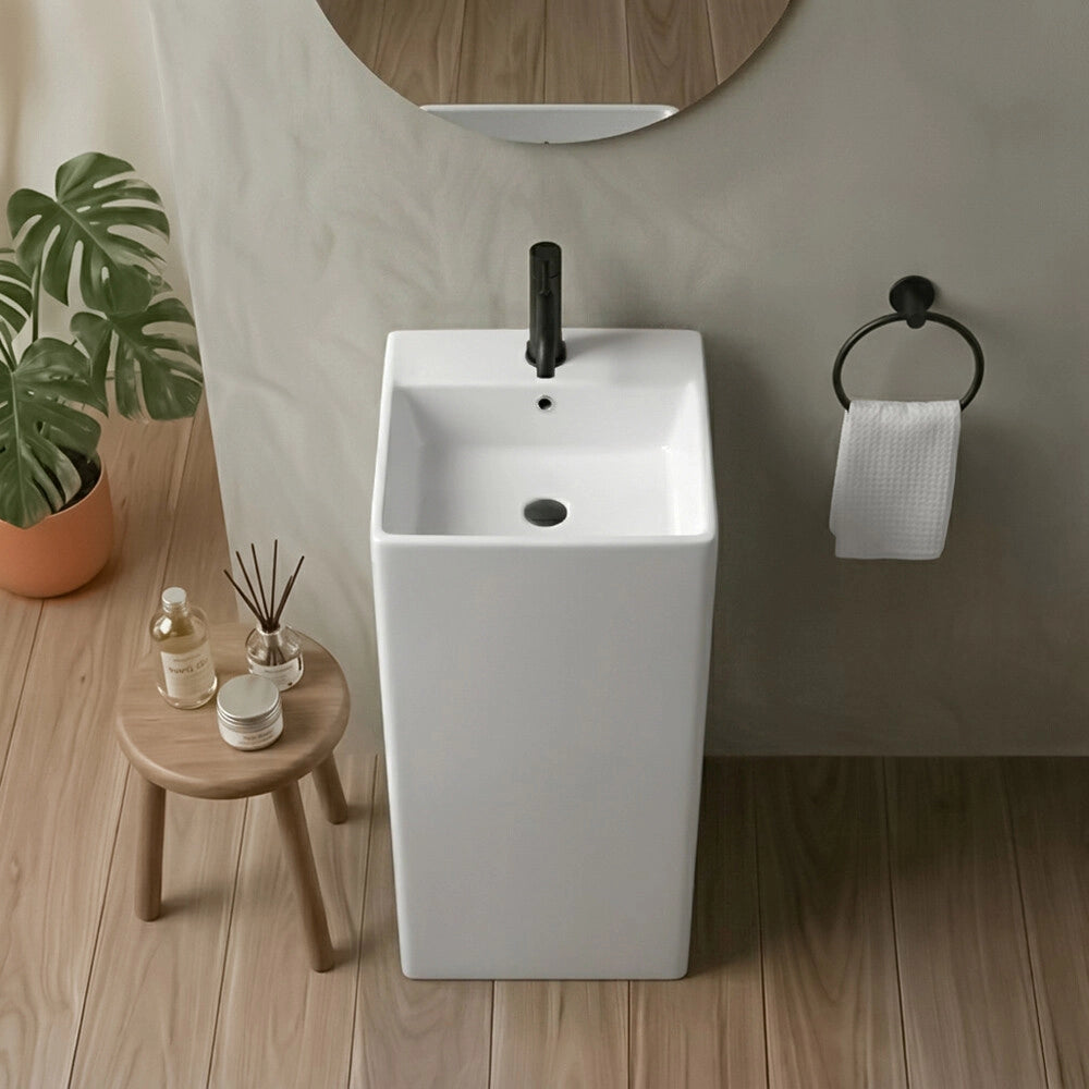 Lavabo freestanding quadrato 40x85 cm in ceramica bianco lucido Giove