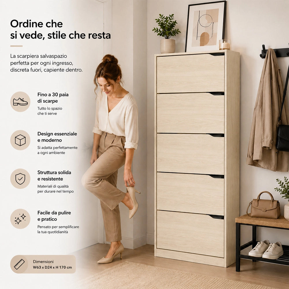 Scarpiera 5 Ripiani Olmo con Maniglia Scomparsa Scarpe Salvaspazio 63x24x170cm