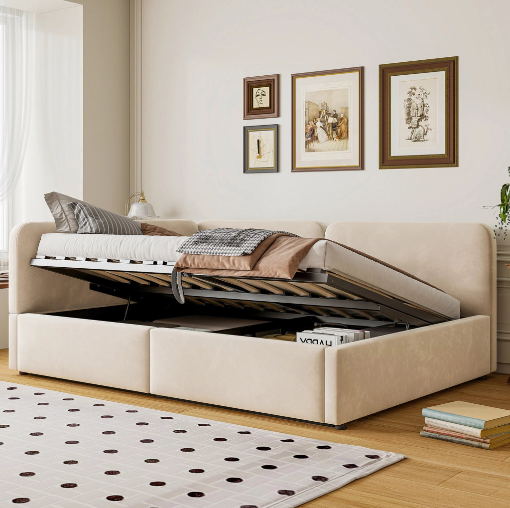 Divano letto imbottito 206x146x81 cm con contenitore idraulico; testiera reversibile in tessuto beige