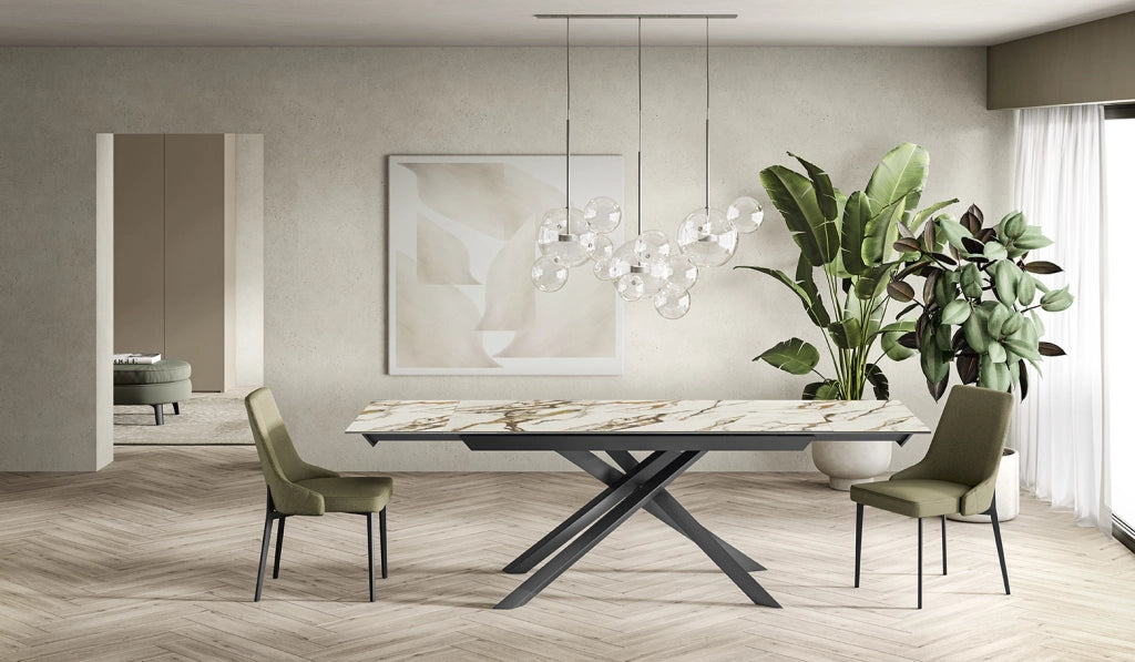Tavolo Allungabile Cross OM/463/CB, Top Ceramica Calacatta Borghini, Struttura in Metallo Antracite - 160/240 cm - Stones