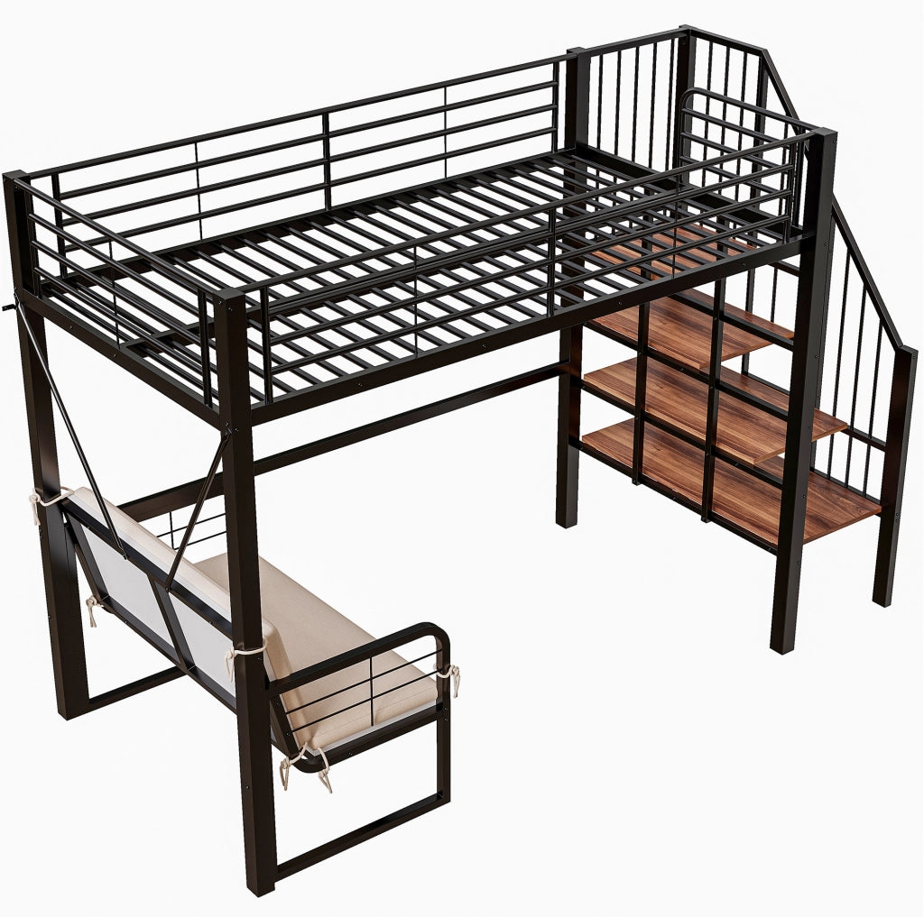 Letto a castello ULEVR 90x200 cm con scala contenitore e divano imbottito removibile, nero
