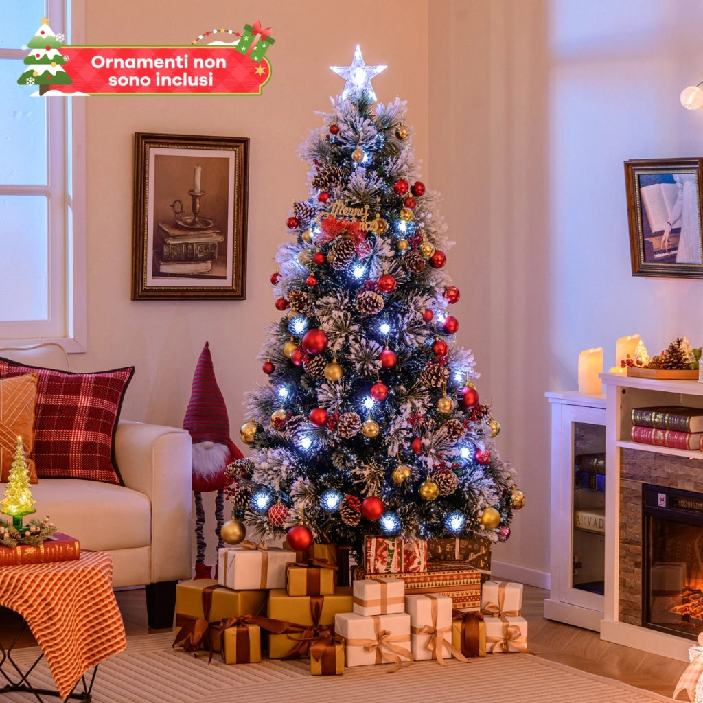 Albero di Natale floccato 180 cm, Albero di Natale artificiale con 220 punte di rami ago di pino e 63 luci LED-Alberi di Natale