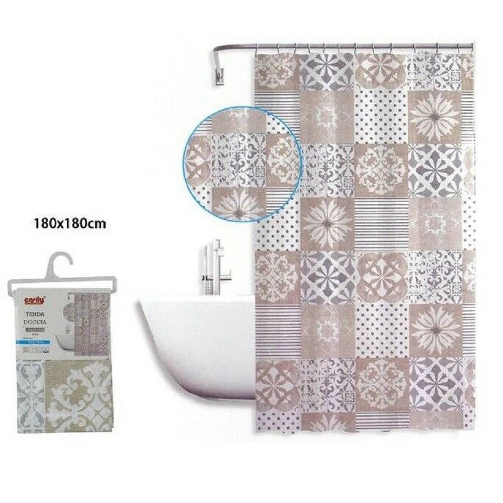 Trade Shop - Tenda Doccia Antimuffa Impermeabile 180x180cm Anelli Bagno Maioliche Beige 59529 -