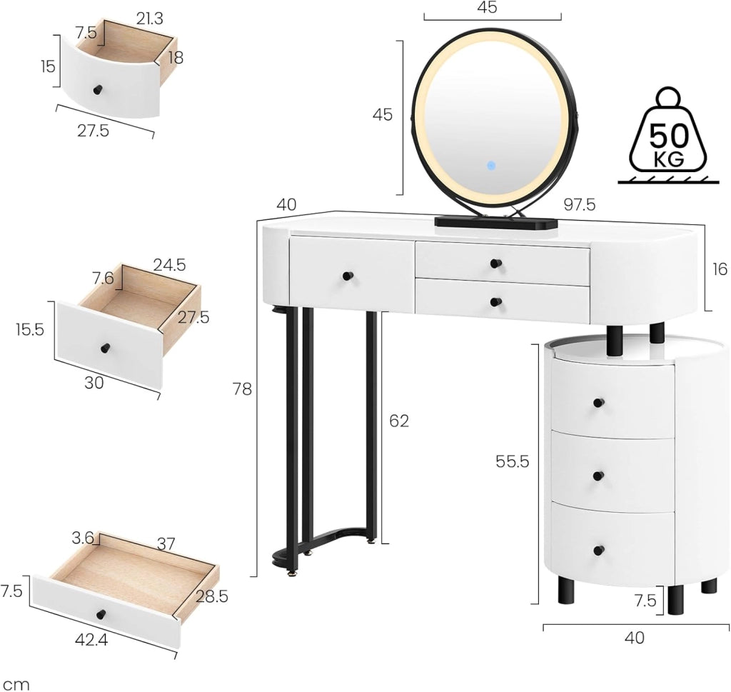 WOLTU Toeletta con Illuminazione a Led e Specchio, Postazione da Trucco con 3 Cassetti in Legno Massiccio, 1 Mobile Laterale Flessibile, Piano Lucido, Bordo in PVC, Facile da Montare, Moderno, Bianco