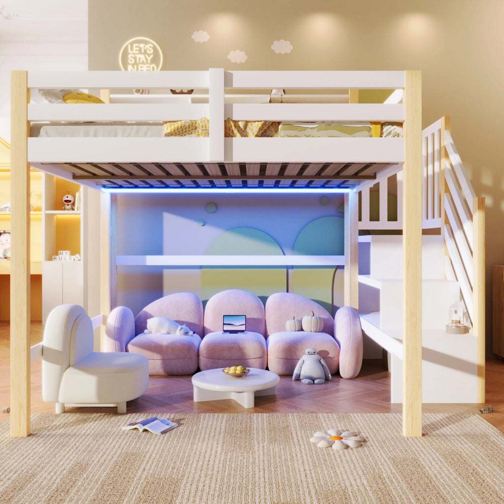 LETTO a soppalco 140x200 cm con LED, scala contenitore, bianco e naturale