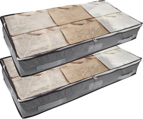 Cassa di Stoccaggio per Sotto Letto - Ripiegabile - Con Coperchio - 2 Pezzi - 90L - Grigio - Per Abiti - Coperte - Scarpe - Con Finestra - Maniglie Reattive