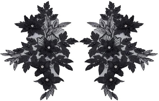 Applicazioni di fiori 3D in tessuto nero per bordare - Strass per corone - Pannelli per cucire - Per abiti da sposa e accessori - Artigianato DIY - Pannelli da cucire per fiori