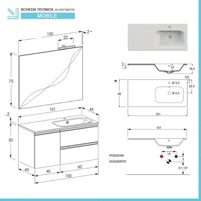 Mobile bagno sospeso 100 cm grigio cemento con cassetti e anta completo di lavabo a destra e specchio Master