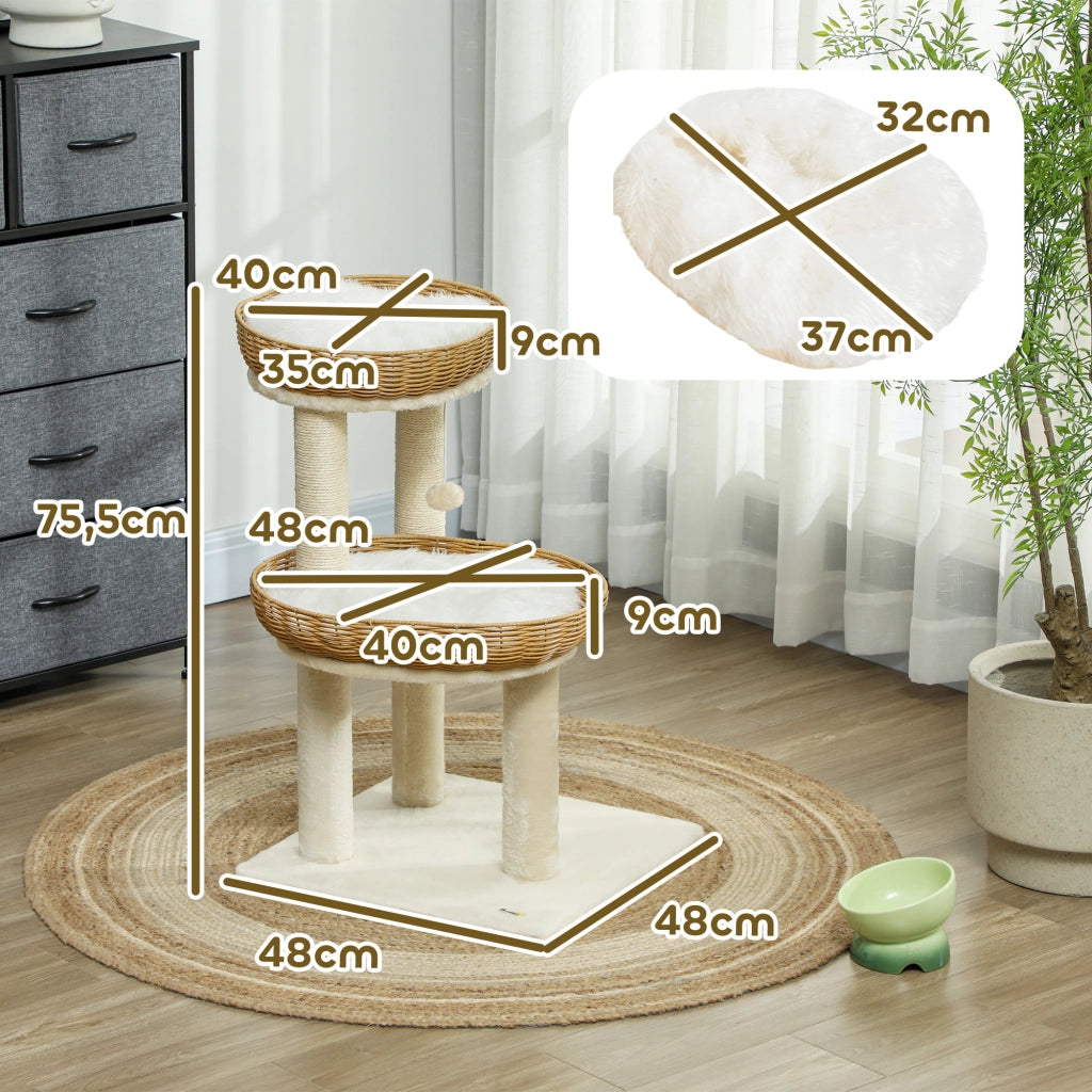 Tiragraffi per gatti con due letti in rattan e cuscini lavabili ¨C Xylo ¨C Beige 75,5 cm