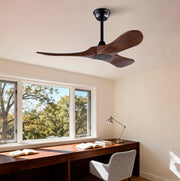 Ventilatore da soffitto senza luce con 3 pale in legno; telecomando; nero e noce scuro