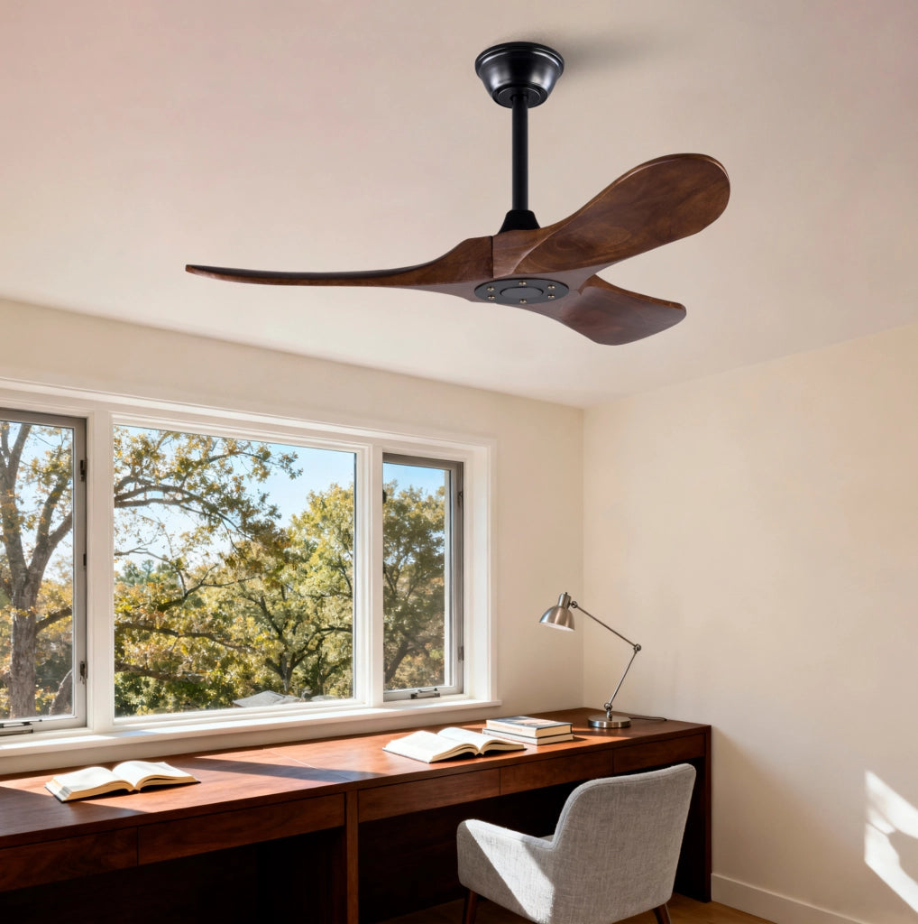 Ventilatore da soffitto senza luce con 3 pale in legno; telecomando; nero e noce scuro
