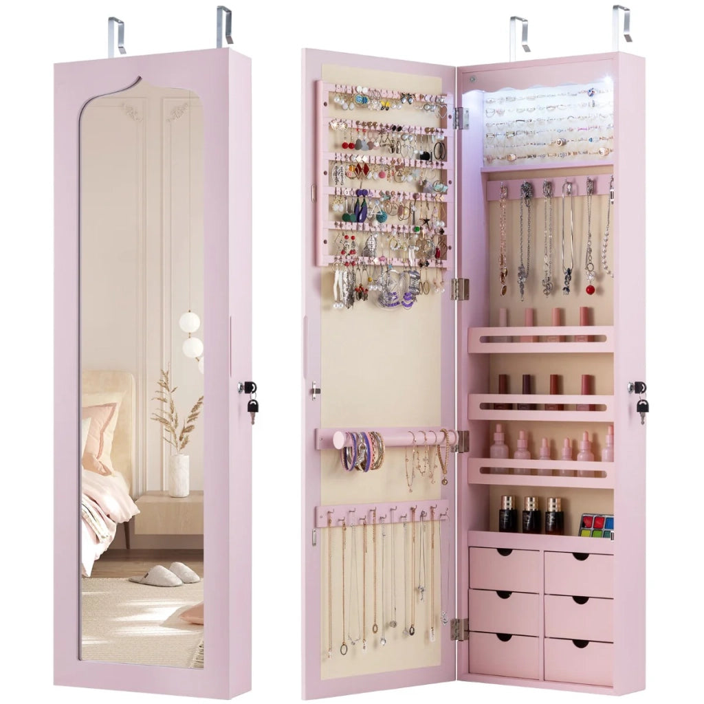 Mobiletto portagioielli da parete 120 x 36,5 x 11,5 cm con specchio e illuminazione a LED salvaspazio design moderno in MDF rosa 20_0010333
