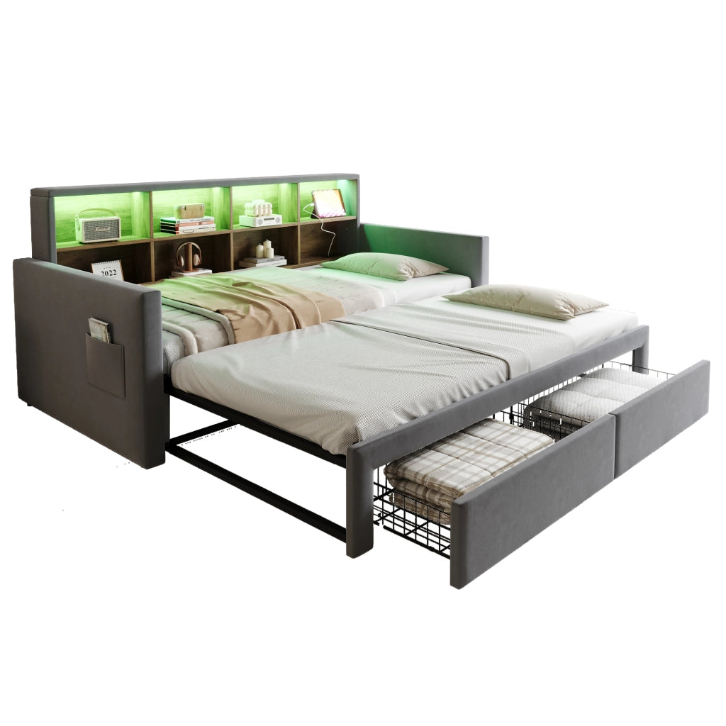 Letto Estraibile 1-2 Posti con Contenitore; 2 Cassetti; LED; USB e USB-C; 90×190 e 180×190 cm; senza Materasso