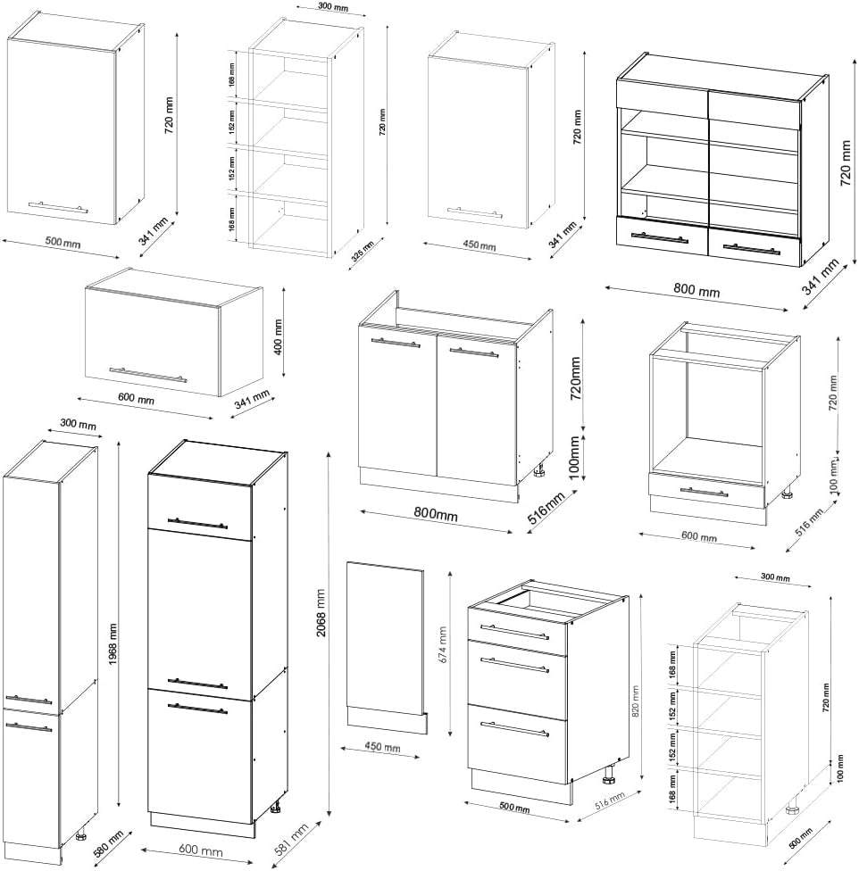 Cucina componibile Fame-Line, Bianco lucido/bianco, 355 cm senza piano di lavoro, adatto per l'espansione personalizzata con moduli aggiuntivi