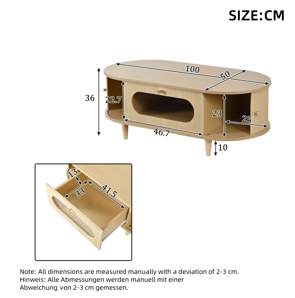 Tavolino da salotto 100x50x36 cm in MDF effetto legno; con cassetto e ante a serranda; oak